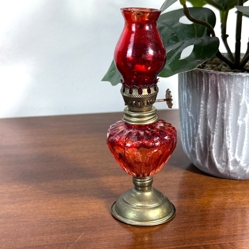Vintage Red Miniature Oil Lamp with Brass-Tone Accents 5.5" Tall